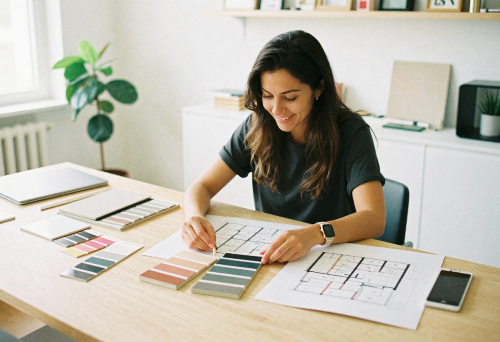 Modern bathroom remodel design plan with tile swatches